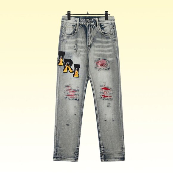Amiri Washed Grey Embroidered Flame Ripped Jeans